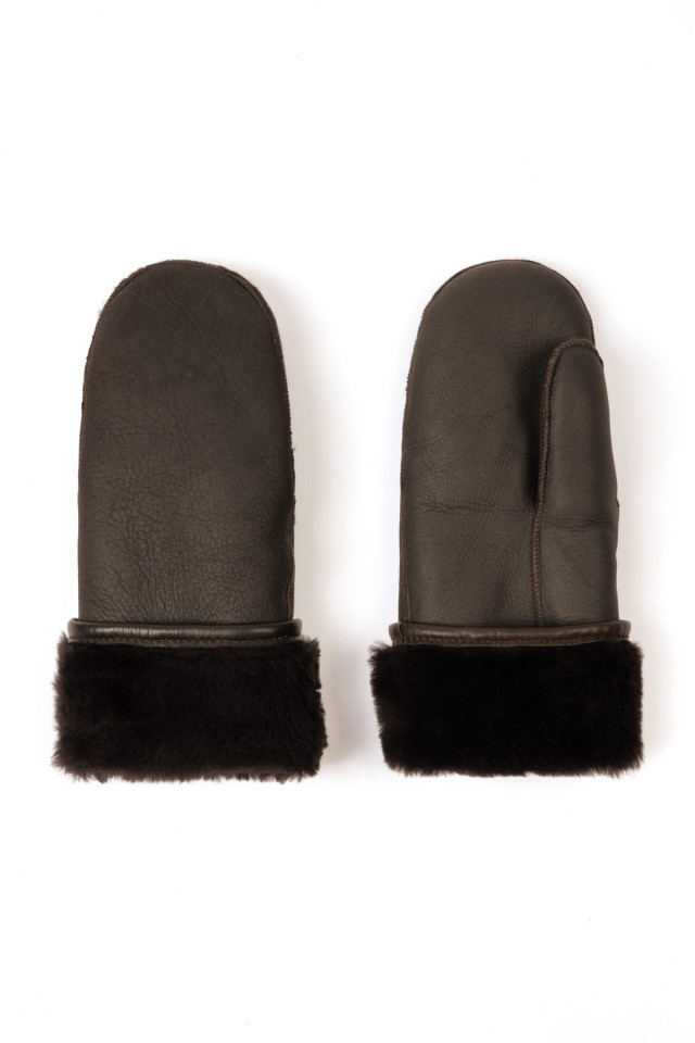 Dark leather mittens with fur cuff.