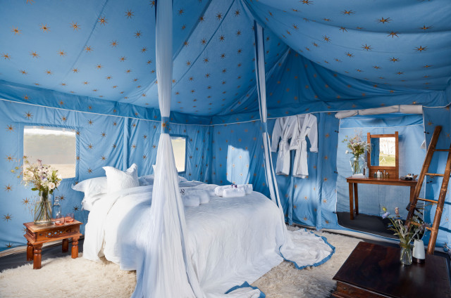 Starry blue glamping tent bedroom.