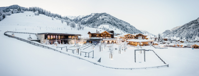 Snowy alpine resort village.