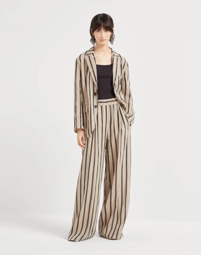 Striped suit, wide-leg pants.