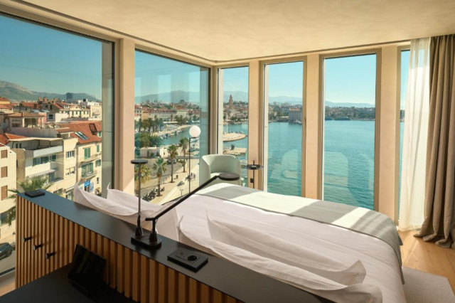 Ocean view hotel bedroom.