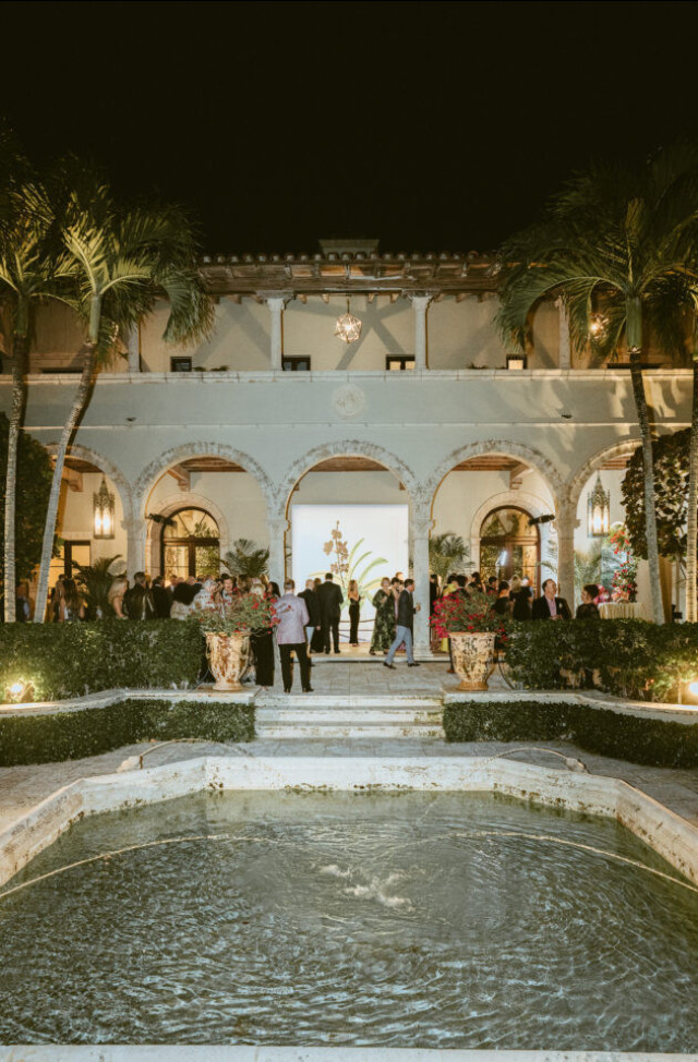 Nighttime party, grand estate.