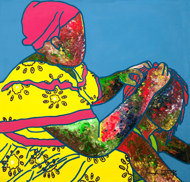 A colorful figure with a texture-rich face and arms braids another's hair, set against a blue background