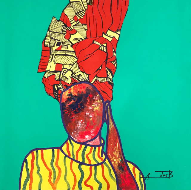 A faceless figure, adorned with a vibrant, patterned headdress and striped clothing, stands against a turquoise background