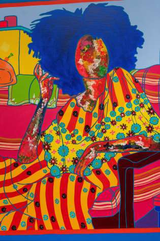 A vibrant painting shows a person with a colorful, patterned face lounging on a striped, red couch.