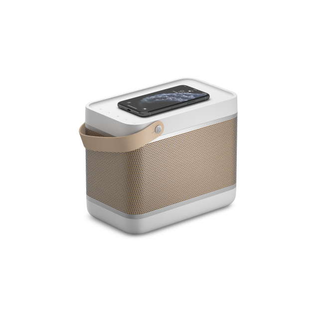 Speaker charging phone with leather handle.