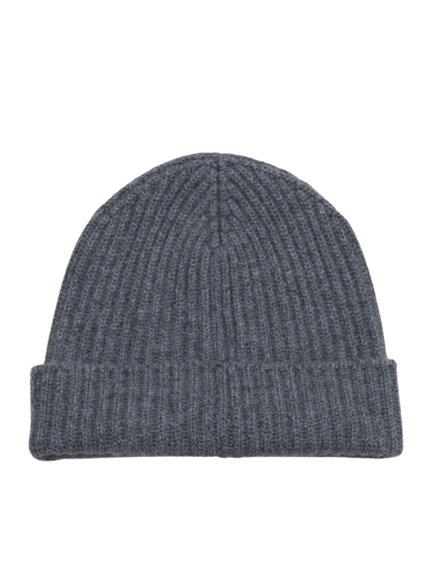 Gray ribbed knit beanie on white background.
