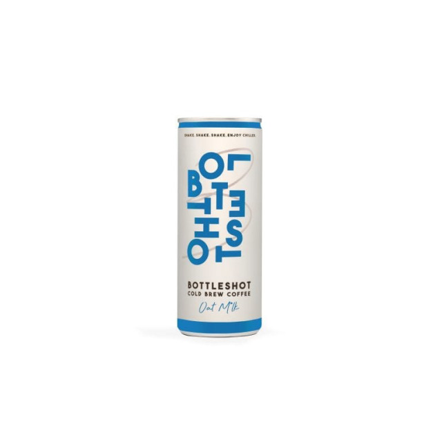 Can of cold brew coffee with oat milk on white.