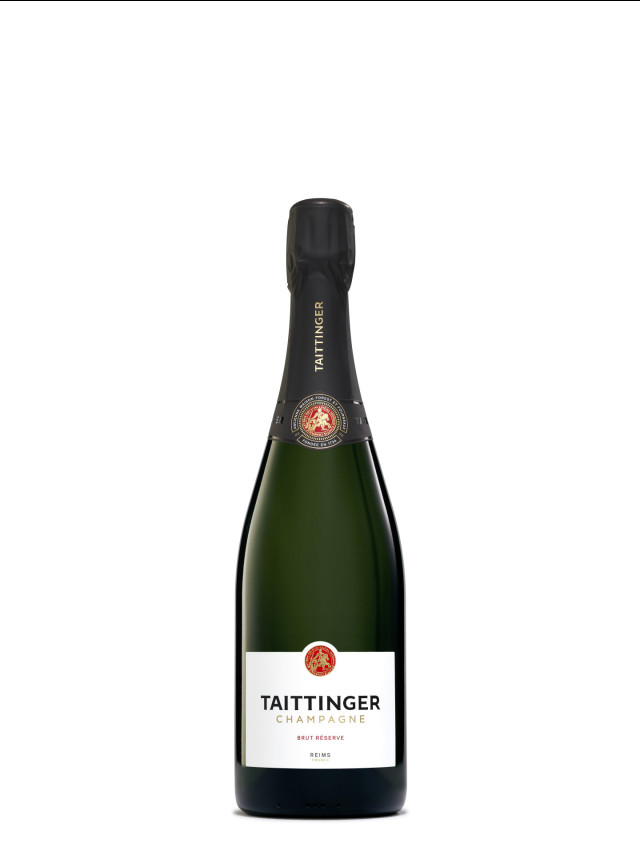 Taittinger Champagne bottle on white background.