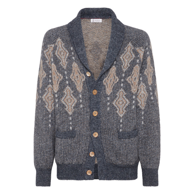 Gray cardigan with shawl collar.
