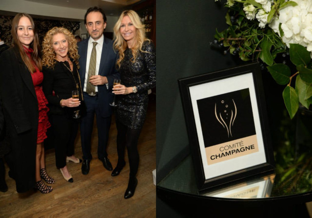 Framed Comité Champagne logo near people holding flutes.