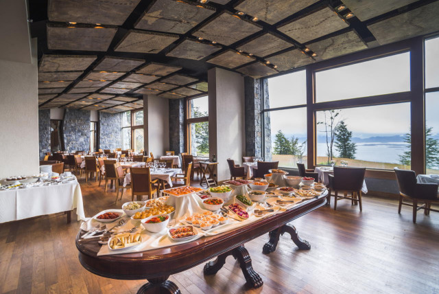 Restaurant buffet with lake view.