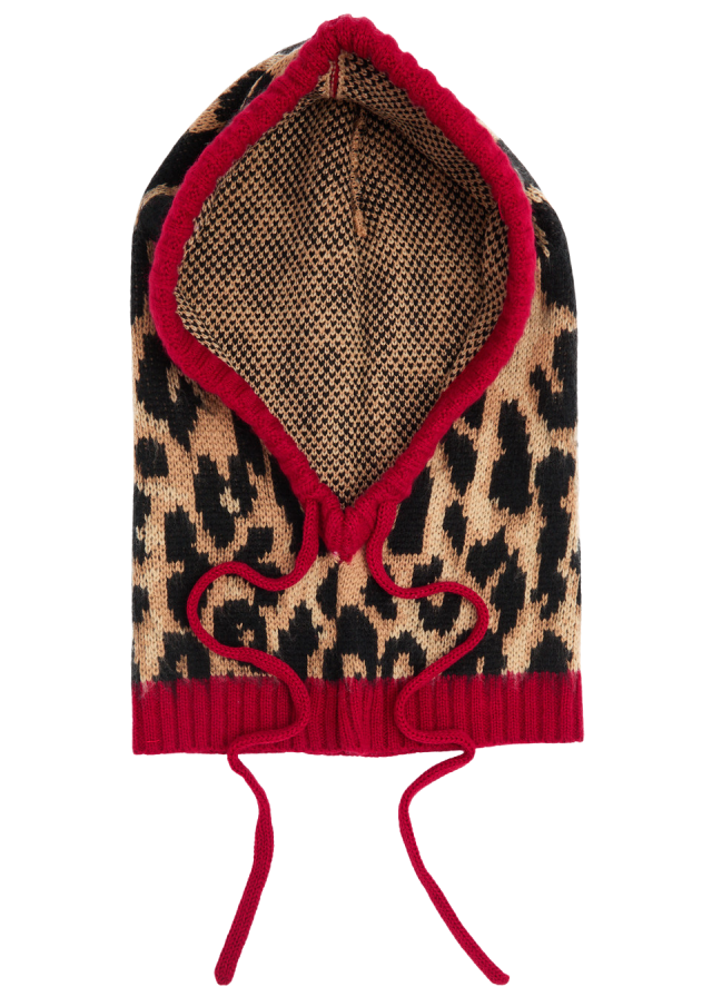 Leopard-print hooded hat with red trim.