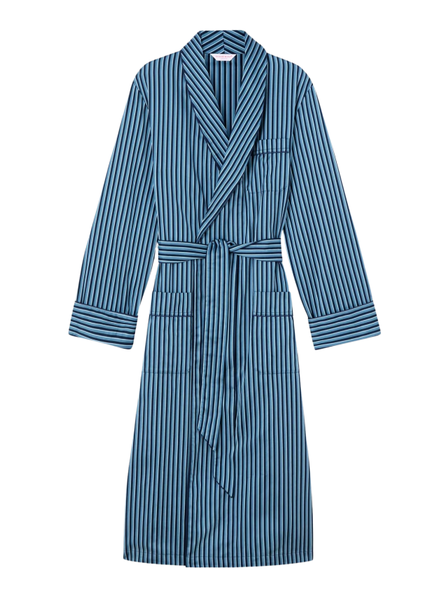 Blue striped robe on hanger