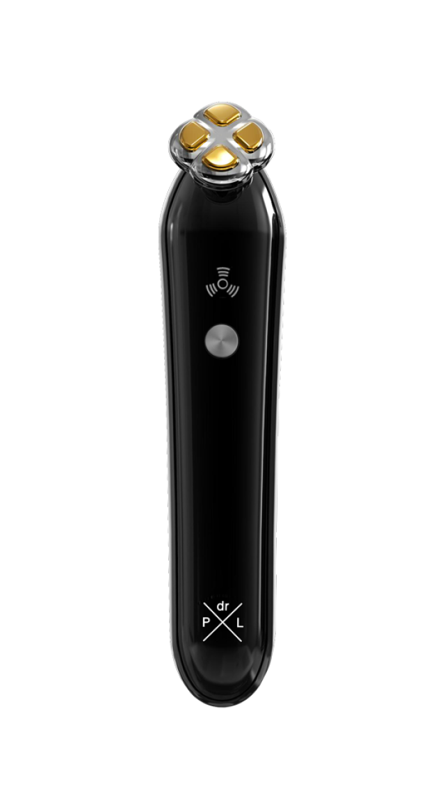 A sleek, black handheld device with a gold four-sectioned top resting on a white background. It features a circular button and wireless signal icon. Text reads: