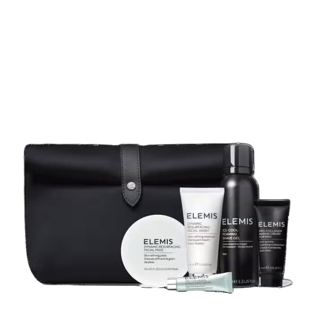 Toiletry bag with Elemis grooming products.