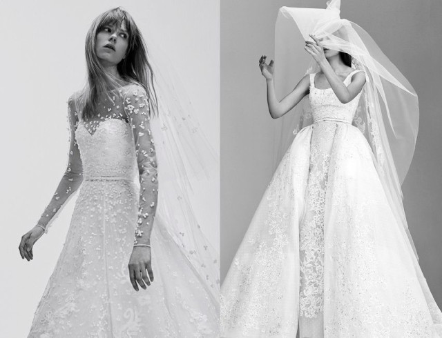 Models in ornate wedding gowns against a backdrop.