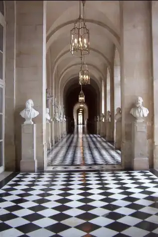 Elegant hallway, checkered floor.