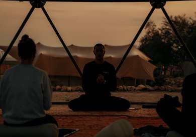 Sunset desert yoga session.