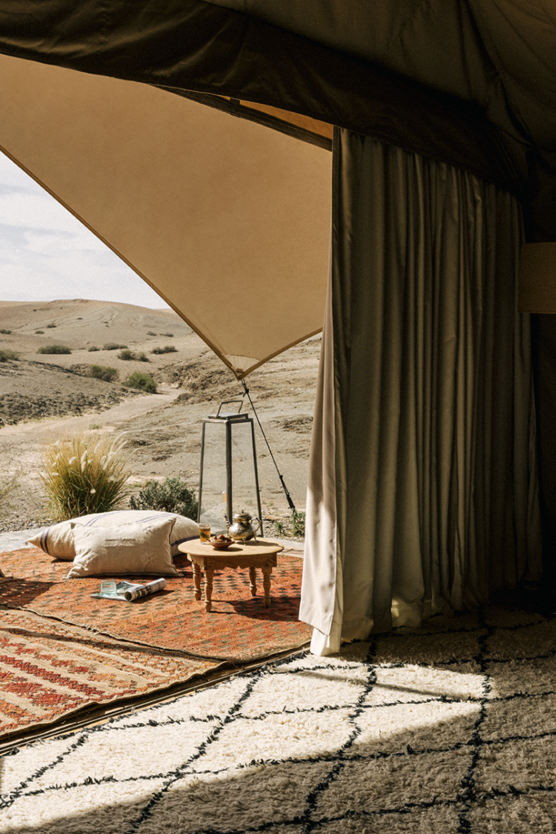 Luxurious tent with desert view.