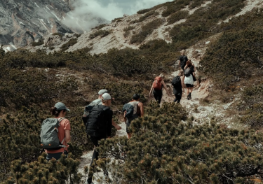 Hikers ascend mountain trail.
