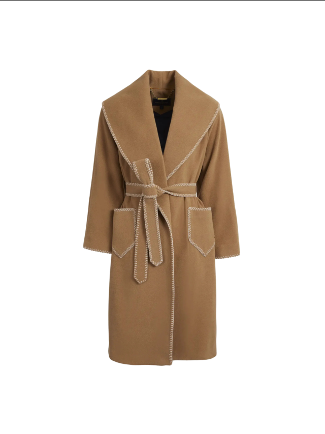 Tan belted wool coat with contrast stitching.