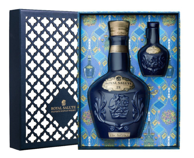Royal Salute whisky set with a large and mini bottle.