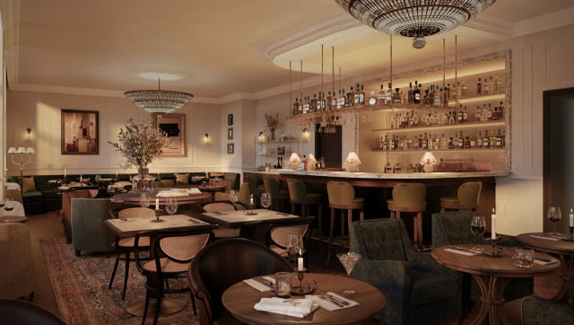 An upscale restaurant with elegantly set tables and plush chairs surrounds a central bar stocked with bottles. Warm lighting and chandeliers create an inviting, sophisticated atmosphere.