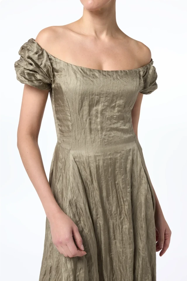 Olive off-the-shoulder midi dress.
