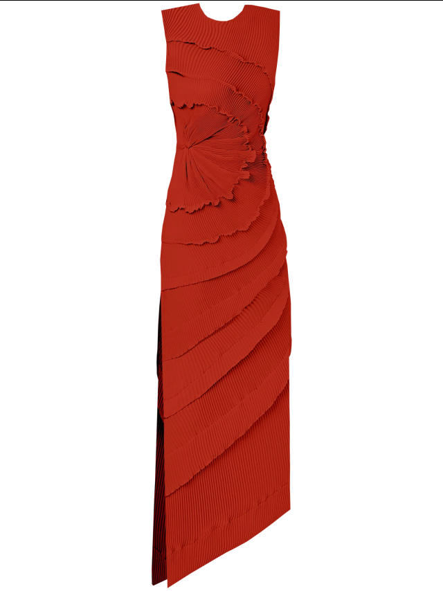 Red pleated dress with floral waist design.