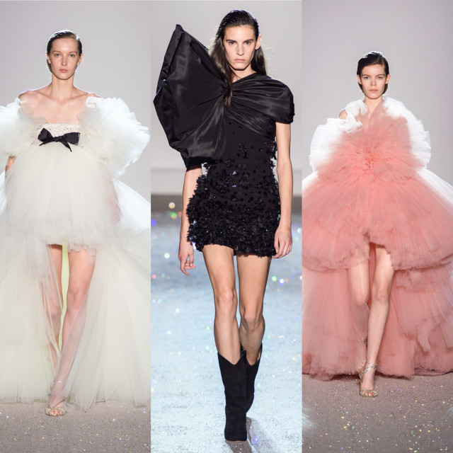 Models wearing tulle and sequined dresses.