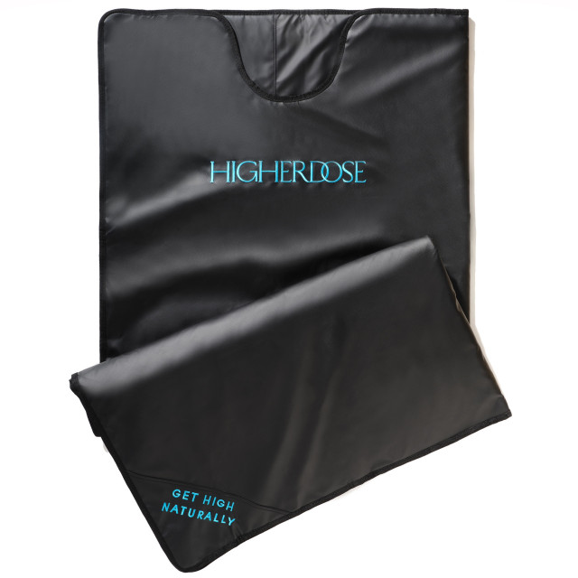 A black sauna blanket with a folded section, featuring the text