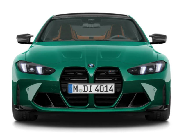 A green BMW car is parked, viewed from the front with prominent kidney grilles and sleek headlights. The license plate displays 