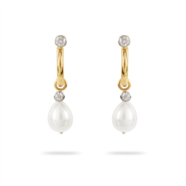 Gold hoop earrings with pearls and diamonds.