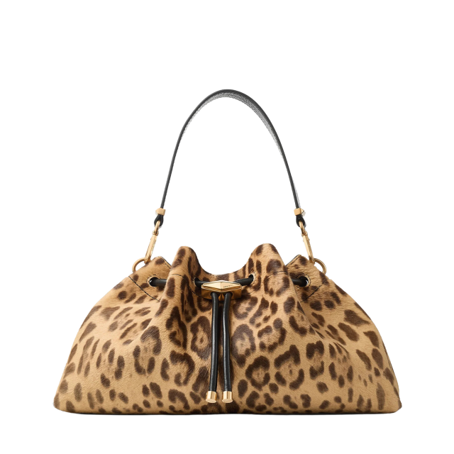Leopard-print handbag with gold accents.