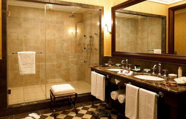 Luxurious bathroom with a marble double vanity.