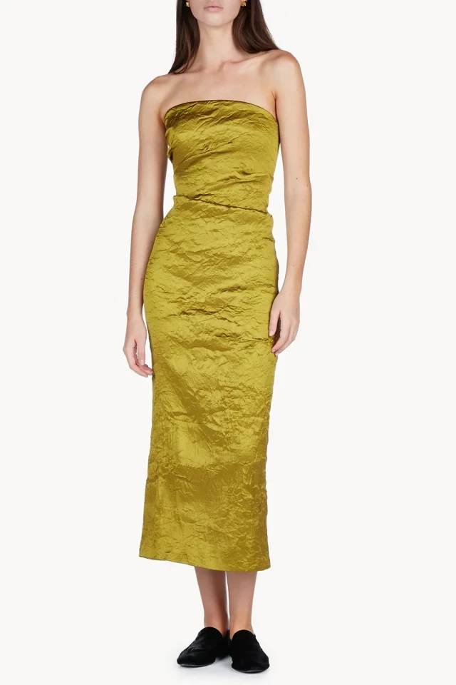 Mustard strapless midi dress.