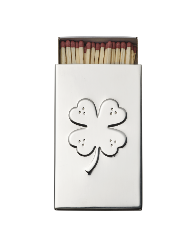 Silver matchbox, four-leaf clover.