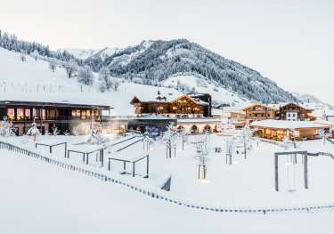 Snowy alpine resort village.