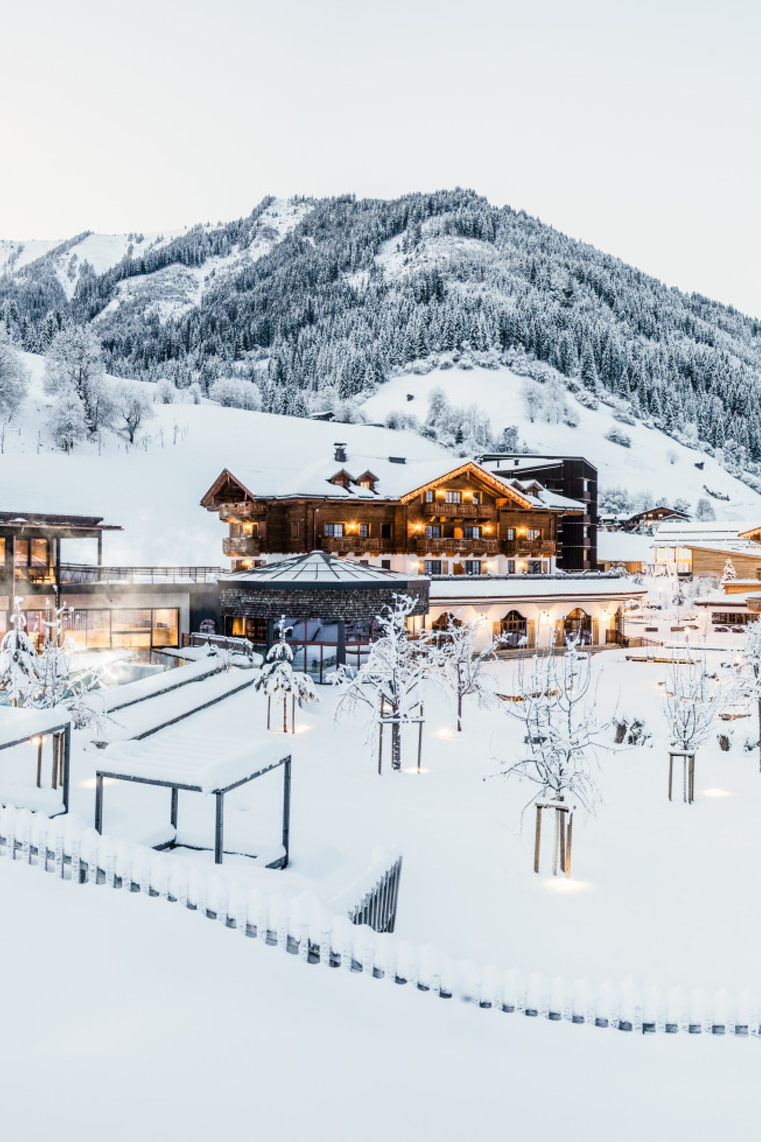 Snowy alpine resort village.