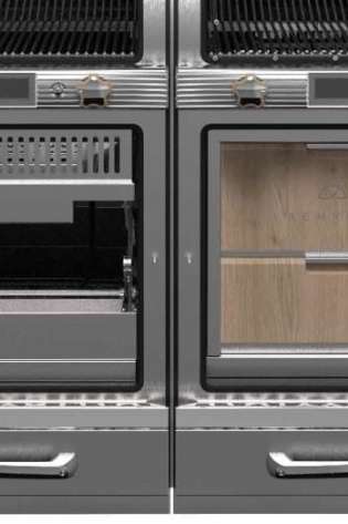 Dual charcoal ovens with open doors revealing compartments, situated in a commercial kitchen setting.