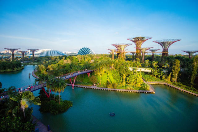Futuristic tree-like structures tower over a lush garden landscape, connected by a bridge over a winding river, with glass domes in the background under a clear blue sky