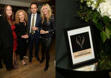 Framed Comité Champagne logo near people holding flutes.