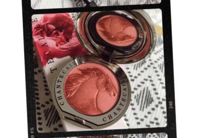 Coral blush compact with a horse emblem among skincare items.