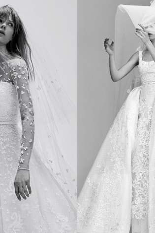 Models in ornate wedding gowns against a backdrop.