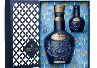 Royal Salute whisky set with a large and mini bottle.