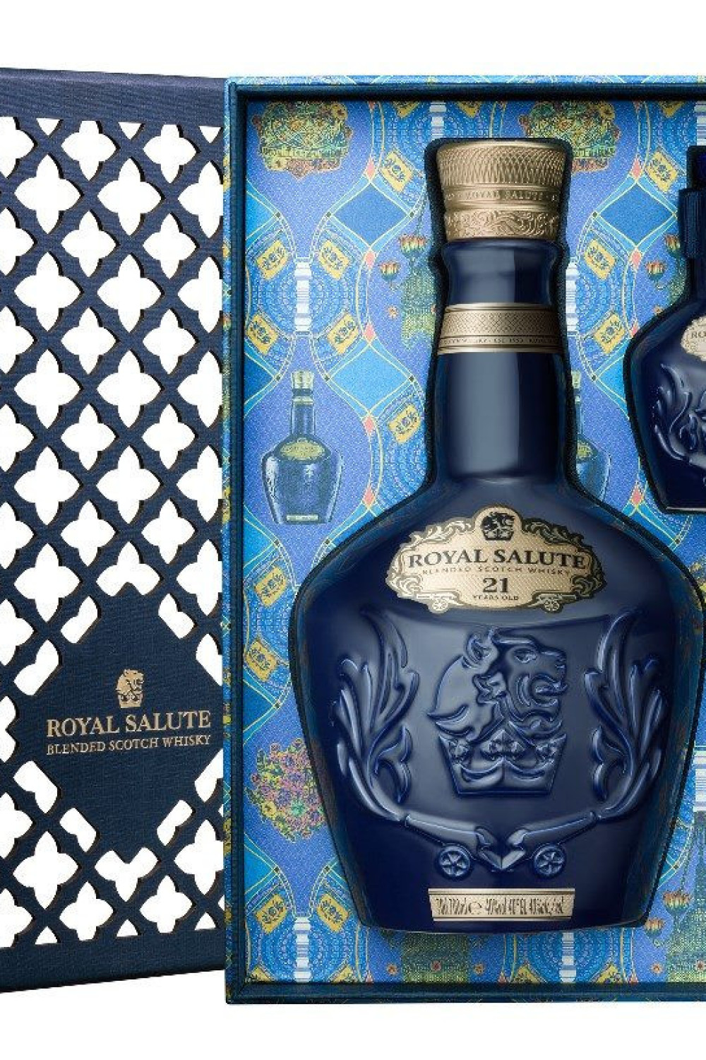 Royal Salute whisky set with a large and mini bottle.