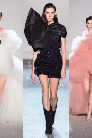Models wearing tulle and sequined dresses.