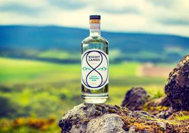 Eight Lands Organic Gin bottle on rock with hill backdrop.