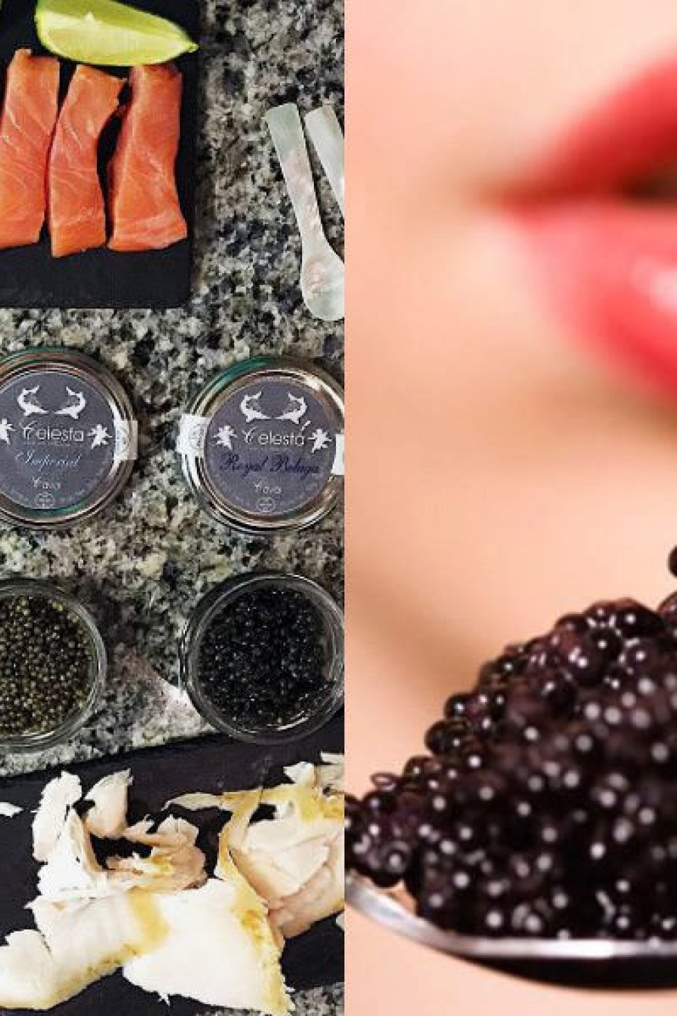 Sliced salmon and lime are arranged on a granite countertop beside jars of various caviar
